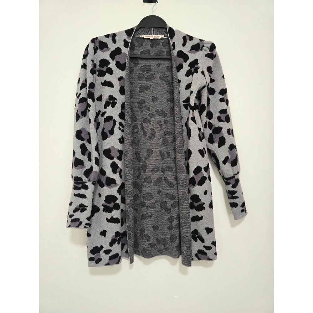 Willow Drive Cardigan SZ Sm Grey Leopard Print Open Front Puff Shoulder Sweater